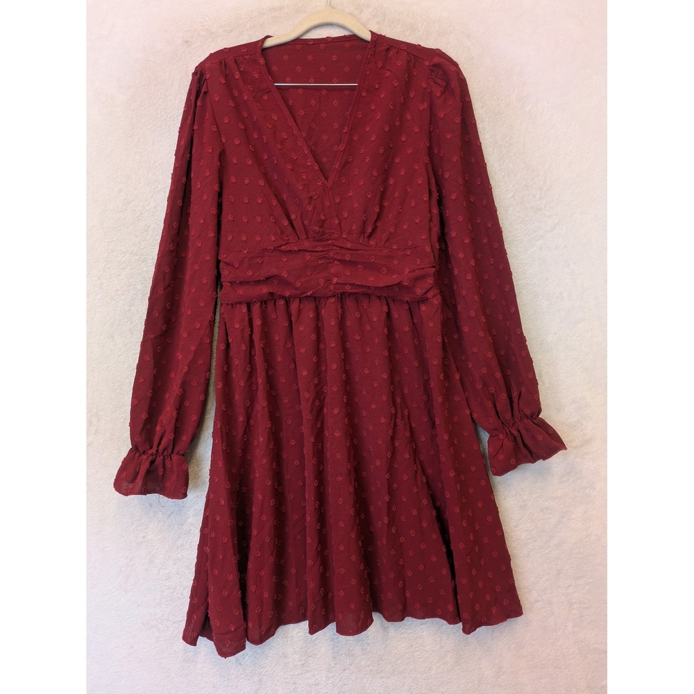 SHEIN Dress Women's Medium Burgundy Swiss Dot V-Neck Long Sleeve Ruffle Mini